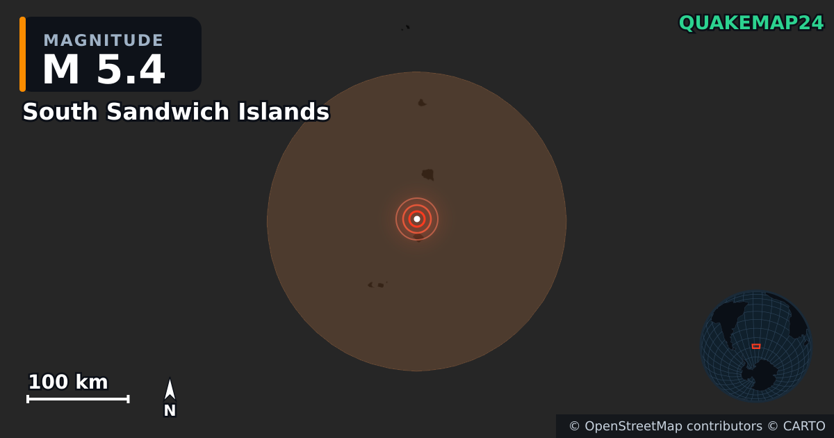 M5.4 earthquake near South Sandwich Islands on Aug 21, 2026 — map of epicenter and shaking intensity | QuakeMap24