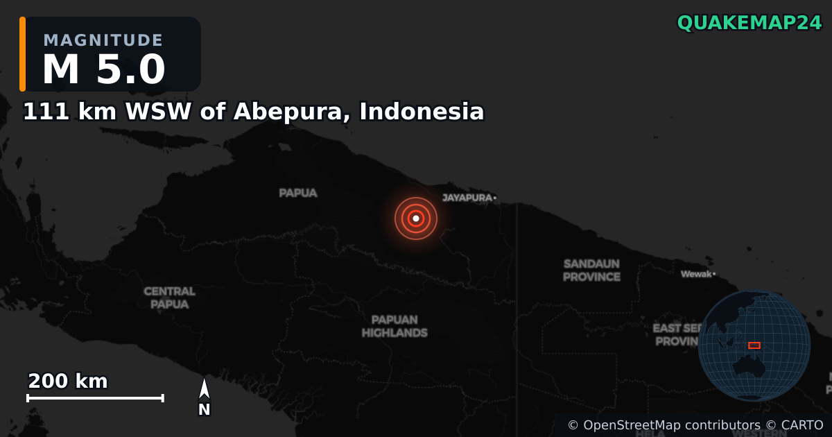 M5.0 earthquake near 111 km WSW of Abepura, Indonesia on Jan 13, 2025 — map of epicenter and shaking intensity | QuakeMap24