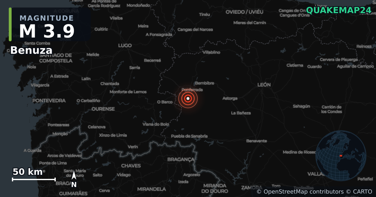 M3.9 Earthquake near Benuza, Castile and León (Spain) · 2026-10-15 — Map showing the location of the epicenter