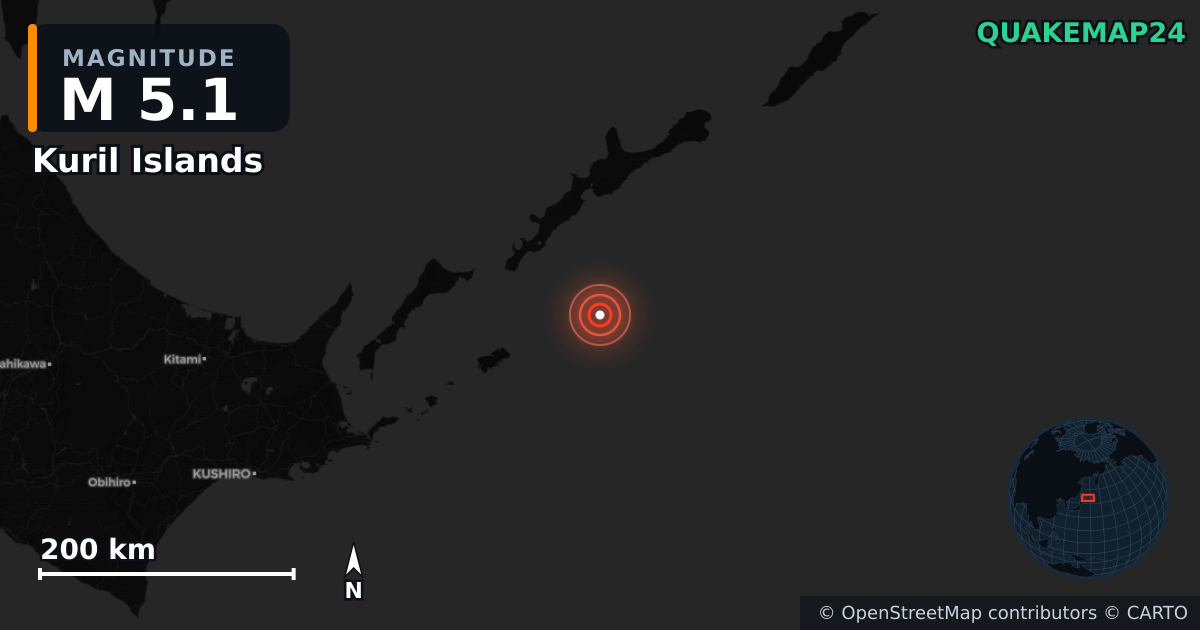 M5.1 earthquake near Kuril Islands on Feb 11, 2026 — map of epicenter and shaking intensity | QuakeMap24