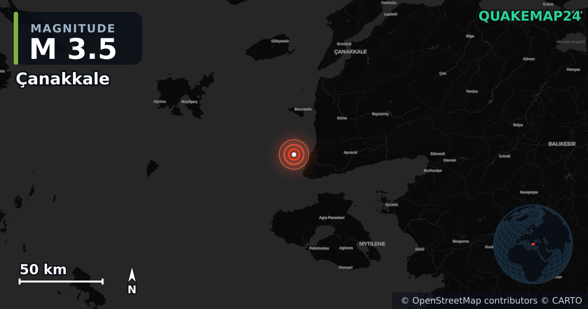 M3.5 earthquake near Çanakkale on Nov 16, 2025 — map of epicenter and shaking intensity | QuakeMap24