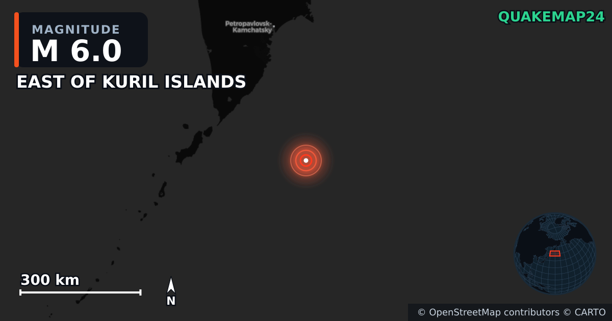 EAST OF KURIL ISLANDS yakınında M6,0 deprem — Deprem merkez üssünün konumunu gösteren harita