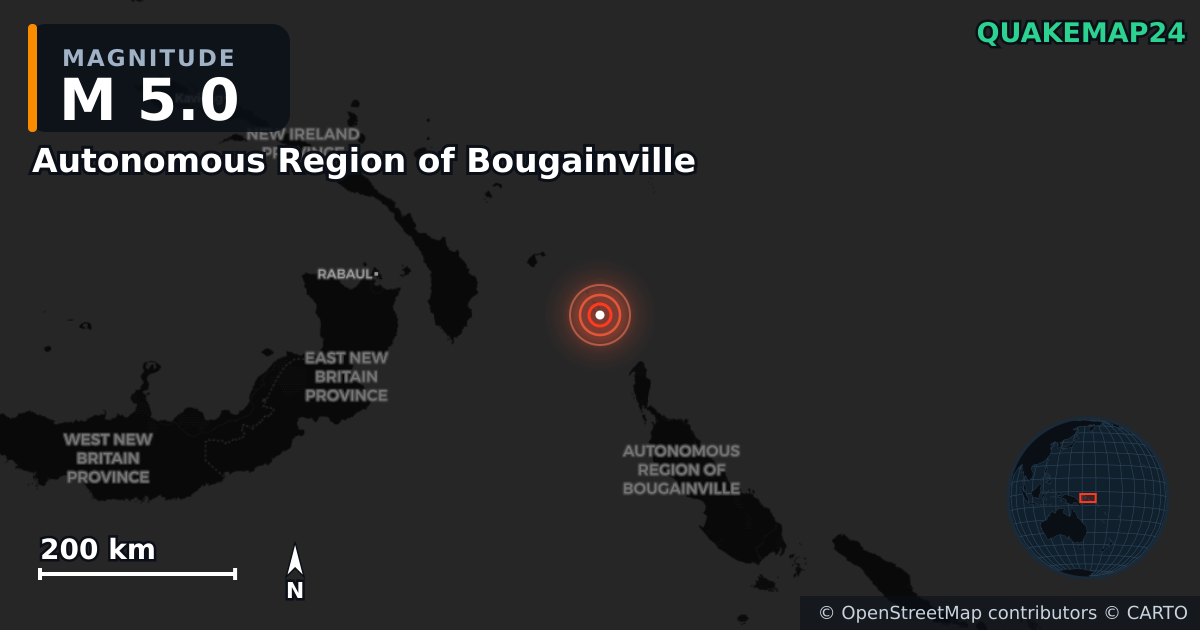 M5.0 earthquake near Autonomous Region of Bougainville on Dec 3, 2025 — map of epicenter and shaking intensity | QuakeMap24