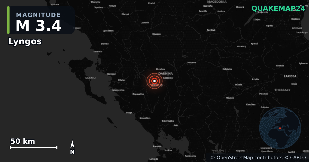 M3.4 earthquake near Lyngos on Aug 15, 2026 — map of epicenter and shaking intensity | QuakeMap24