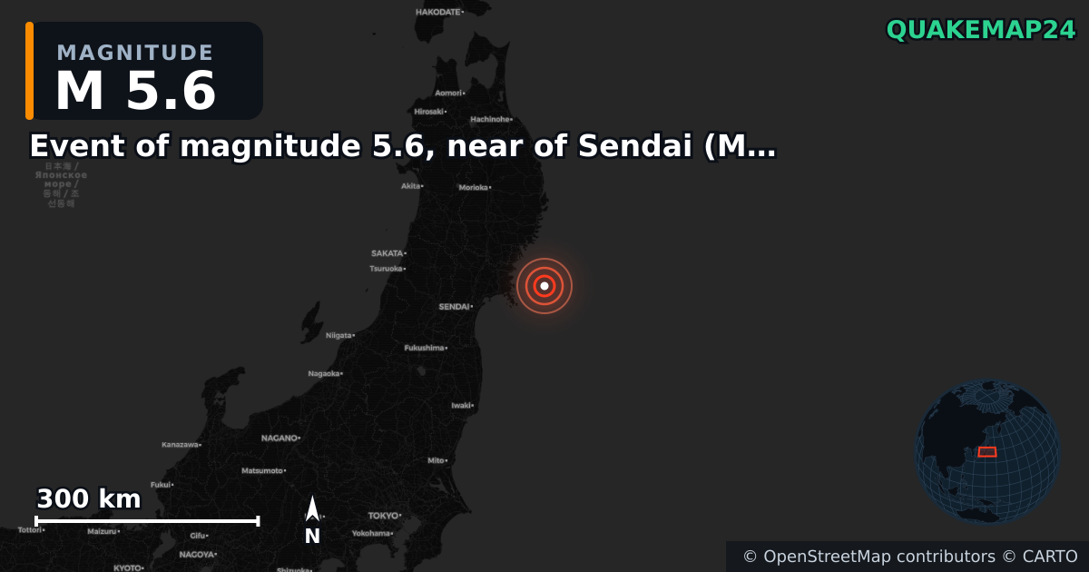 M5.6 earthquake near Event of magnitude 5.6, near of Sendai (Monde) on Aug 29, 2025 — map of epicenter and shaking intensity | QuakeMap24