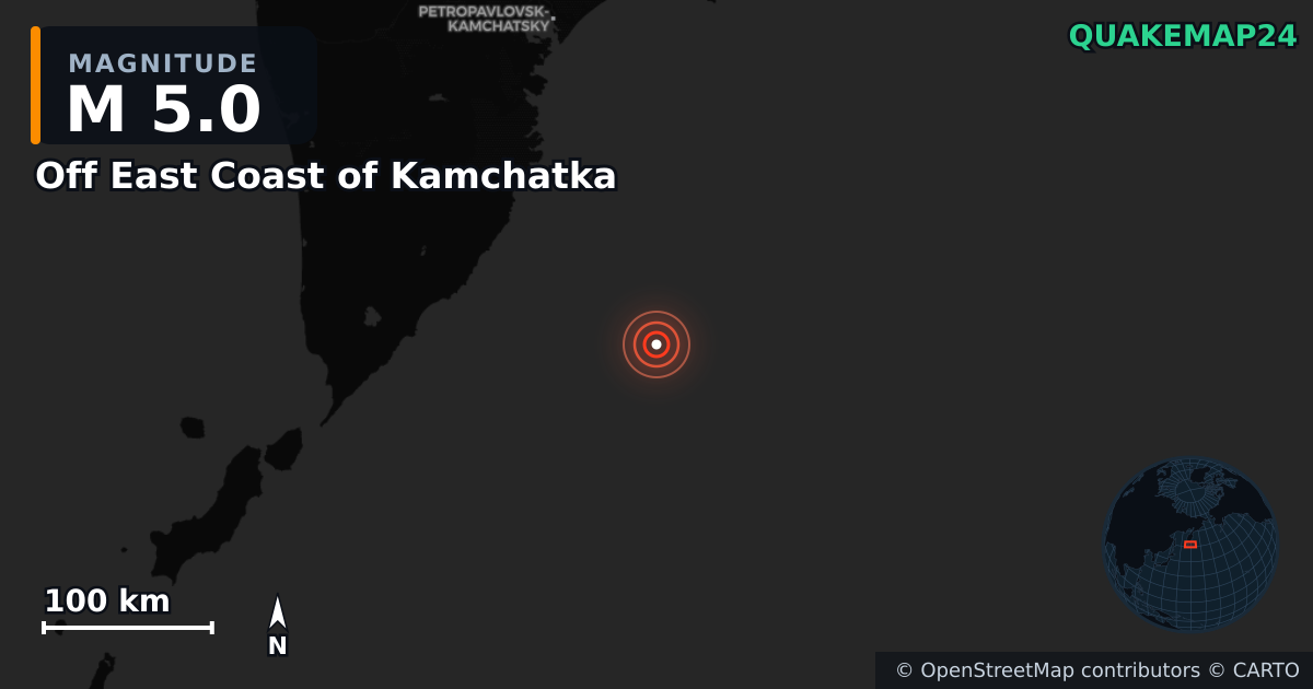 M5.0 earthquake near Off East Coast of Kamchatka on Aug 11, 2025 — map of epicenter and shaking intensity | QuakeMap24