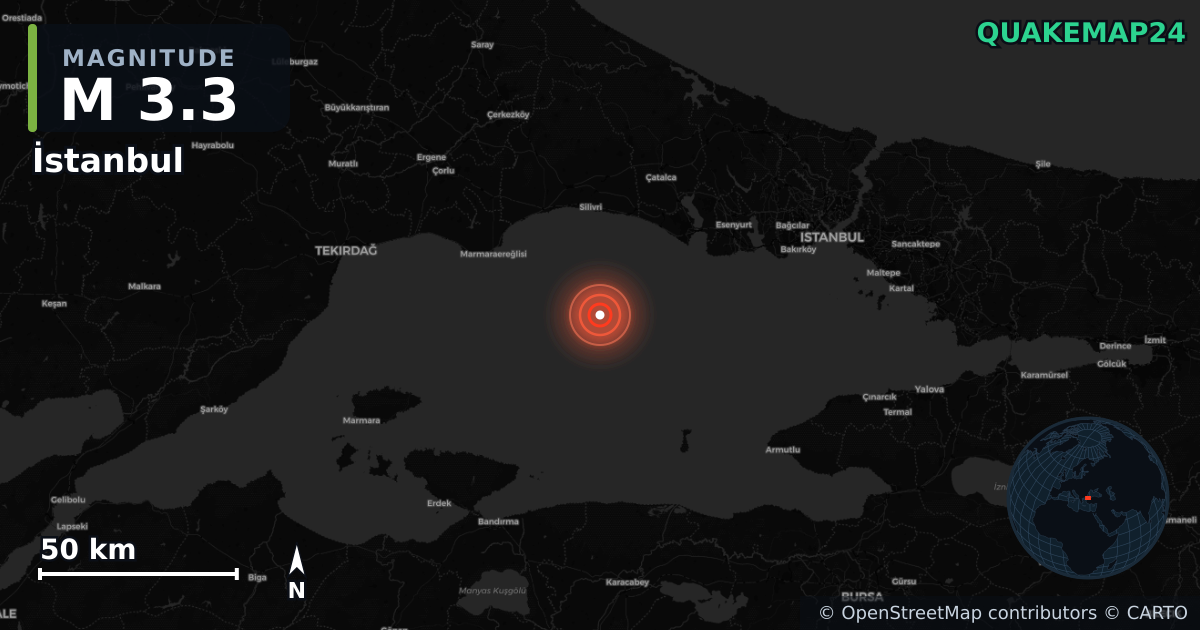 M3.3 earthquake near İstanbul on May 13, 2025 — map of epicenter and shaking intensity | QuakeMap24