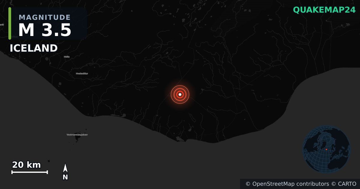 M3.5 earthquake near ICELAND on Oct 20, 2025 — map of epicenter and shaking intensity | QuakeMap24