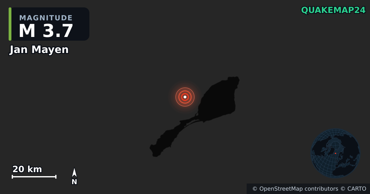 M3.7 earthquake near Jan Mayen on Oct 5, 2025 — map of epicenter and shaking intensity | QuakeMap24