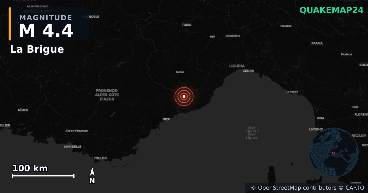 M4.4 earthquake near La Brigue on Aug 16, 2026 — map of epicenter and shaking intensity | QuakeMap24