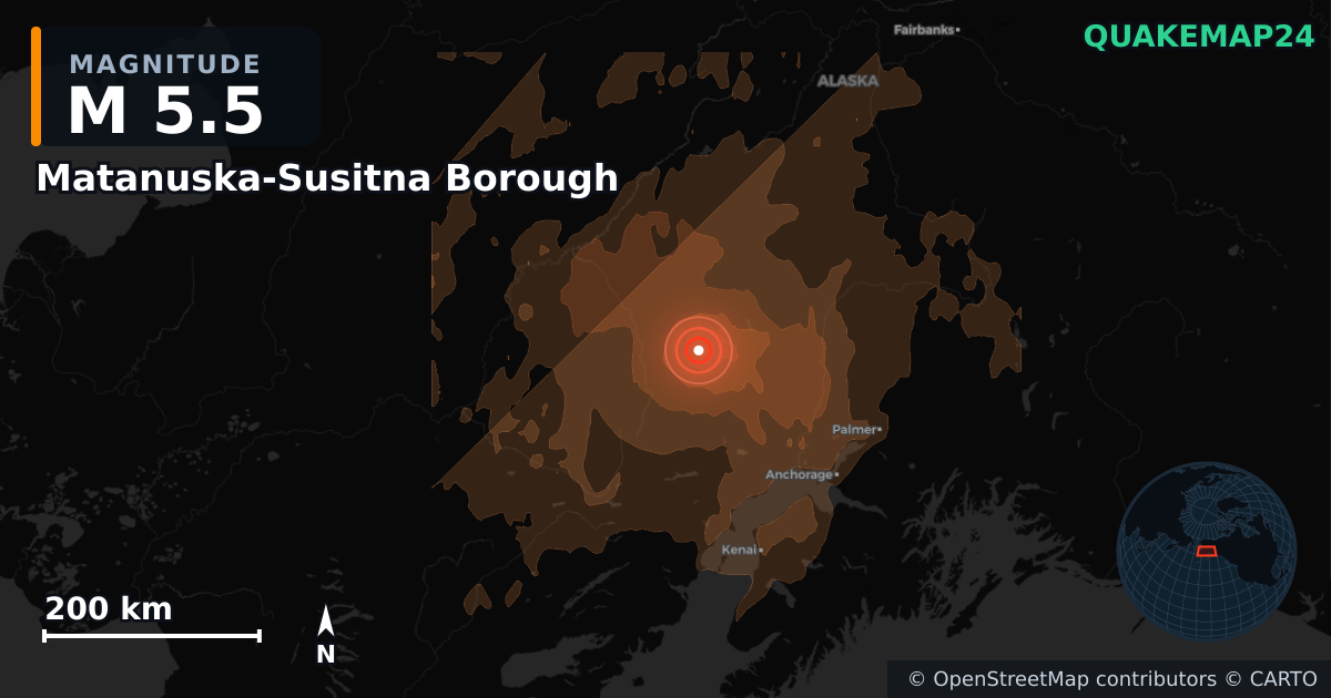 M5.5 earthquake near Matanuska-Susitna Borough on Aug 8, 2026 — map of epicenter and shaking intensity | QuakeMap24