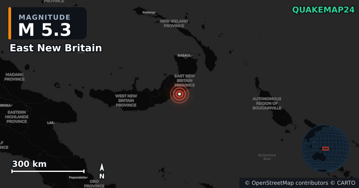 M5.3 earthquake near East New Britain on Dec 21, 2025 — map of epicenter and shaking intensity | QuakeMap24