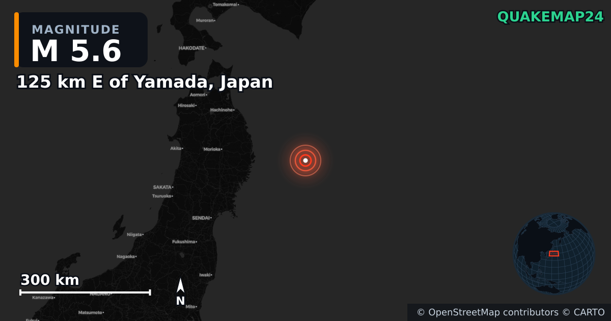 M5.6 earthquake near 125 km E of Yamada, Japan on Nov 9, 2025 — map of epicenter and shaking intensity | QuakeMap24