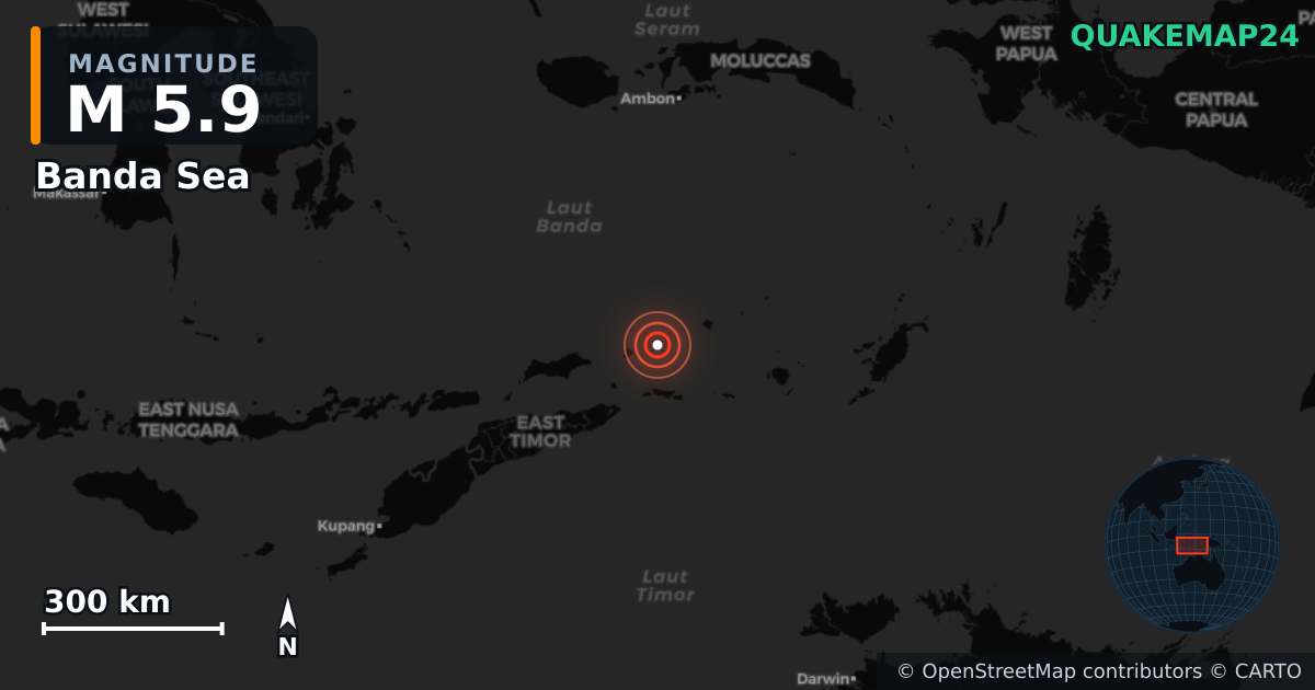 M5.9 earthquake near Banda Sea on Mar 28, 2026 — map of epicenter and shaking intensity | QuakeMap24