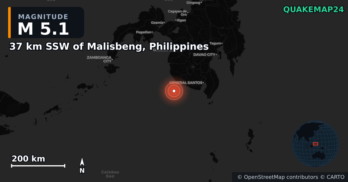 M5.1 earthquake near 37 km SSW of Malisbeng, Philippines on Apr 19, 2025 — map of epicenter and shaking intensity | QuakeMap24