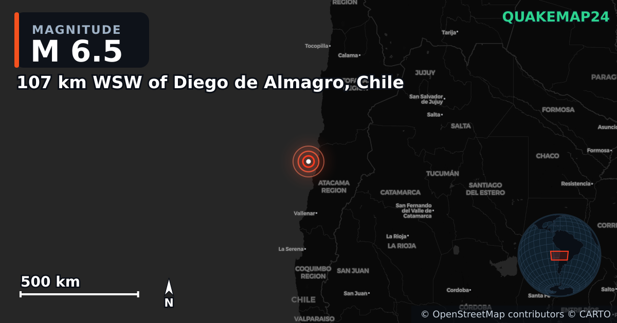 M6.5 earthquake near 107 km WSW of Diego de Almagro, Chile on Jun 6, 2025 — map of epicenter and shaking intensity | QuakeMap24