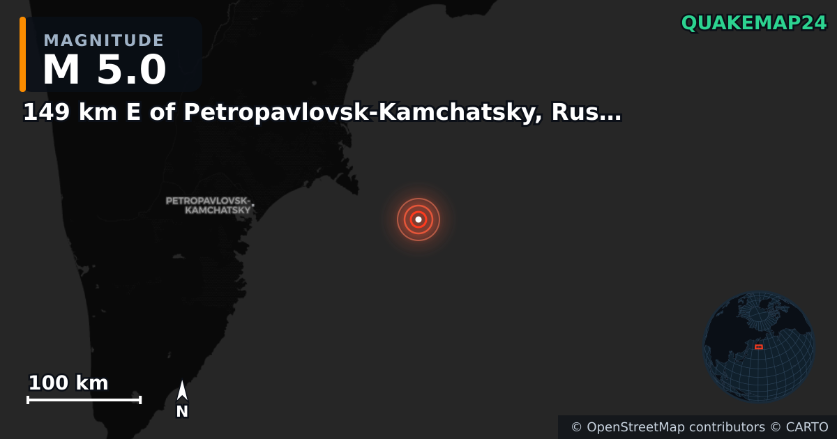 M5.0 Earthquake near 149 km E of Petropavlovsk-Kamchatsky, Russia · 2025-07-22 — Map showing the location of the epicenter