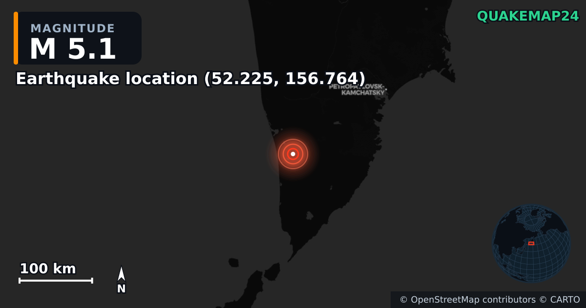 M5.1 earthquake near Deprem konumu (52.225, 156.764) on Aug 11, 2025 — map of epicenter and shaking intensity | QuakeMap24