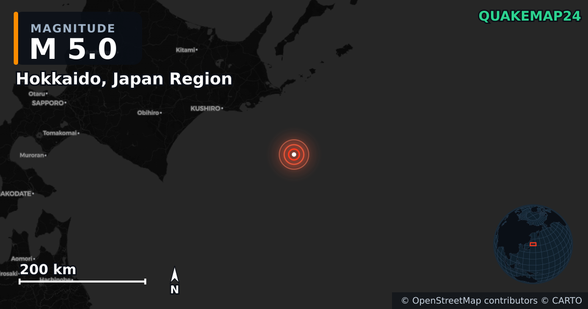 M5.0 earthquake near Hokkaido, Japan Region on Oct 22, 2025 — map of epicenter and shaking intensity | QuakeMap24