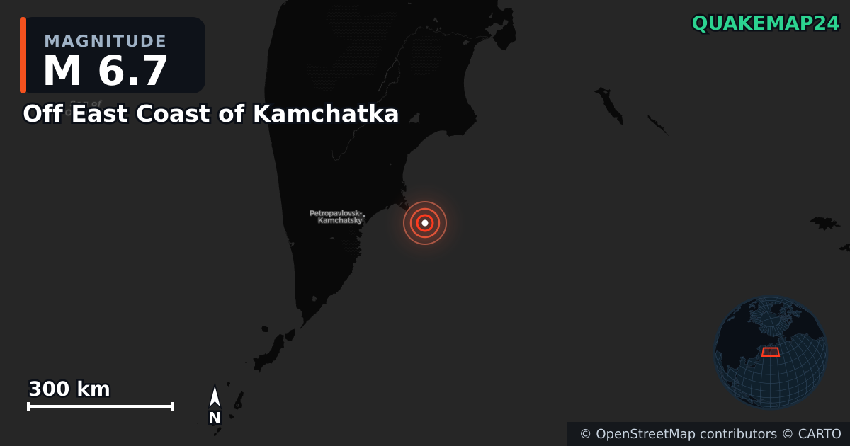 M6.7 earthquake near Off East Coast of Kamchatka on Jul 20, 2025 — map of epicenter and shaking intensity | QuakeMap24