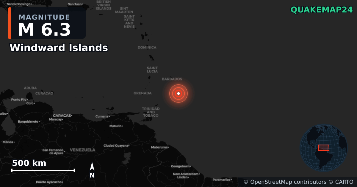 Erdbeben M6,3 bei Windward Islands — Karte der Lage des Epizentrums