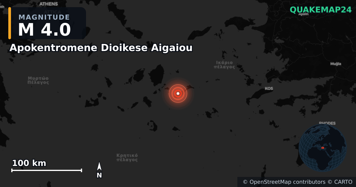 M4.0 earthquake near Apokentromene Dioikese Aigaiou on Dec 20, 2025 — map of epicenter and shaking intensity | QuakeMap24