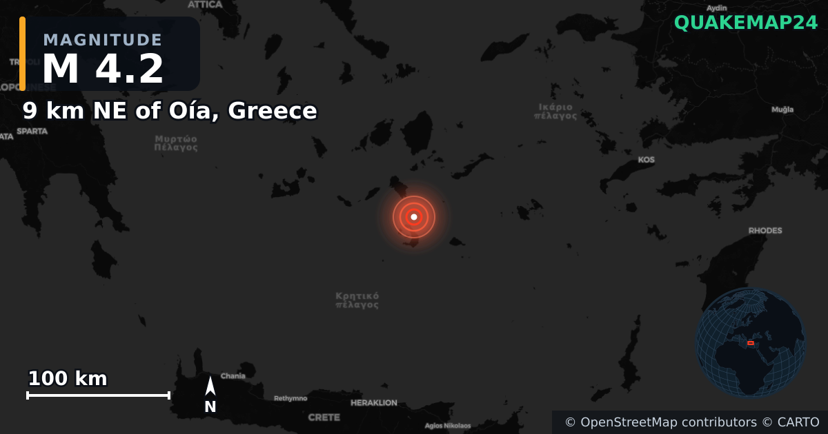 M4.2 earthquake near 9 km NE of Oía, Greece on Feb 4, 2025 — map of epicenter and shaking intensity | QuakeMap24