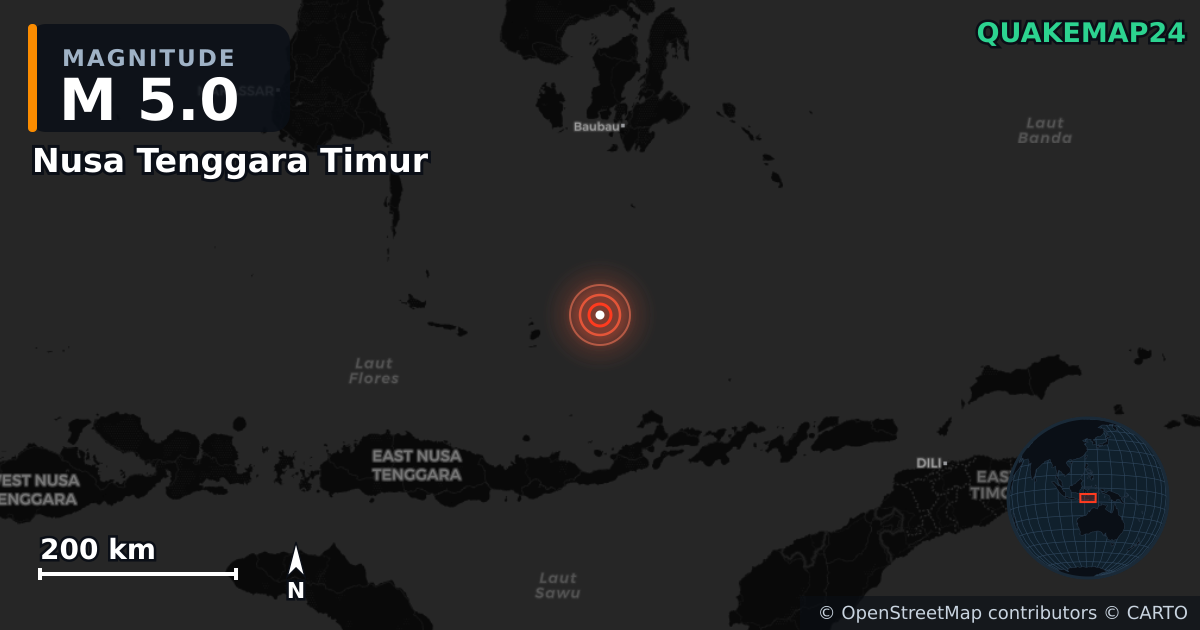M5.0 earthquake near Nusa Tenggara Timur on Oct 20, 2025 — map of epicenter and shaking intensity | QuakeMap24