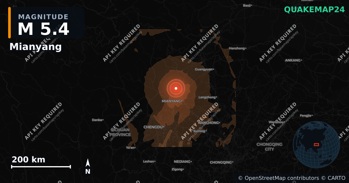 M5.4 earthquake near Mianyang on Sep 3, 2026 — map of epicenter and shaking intensity | QuakeMap24