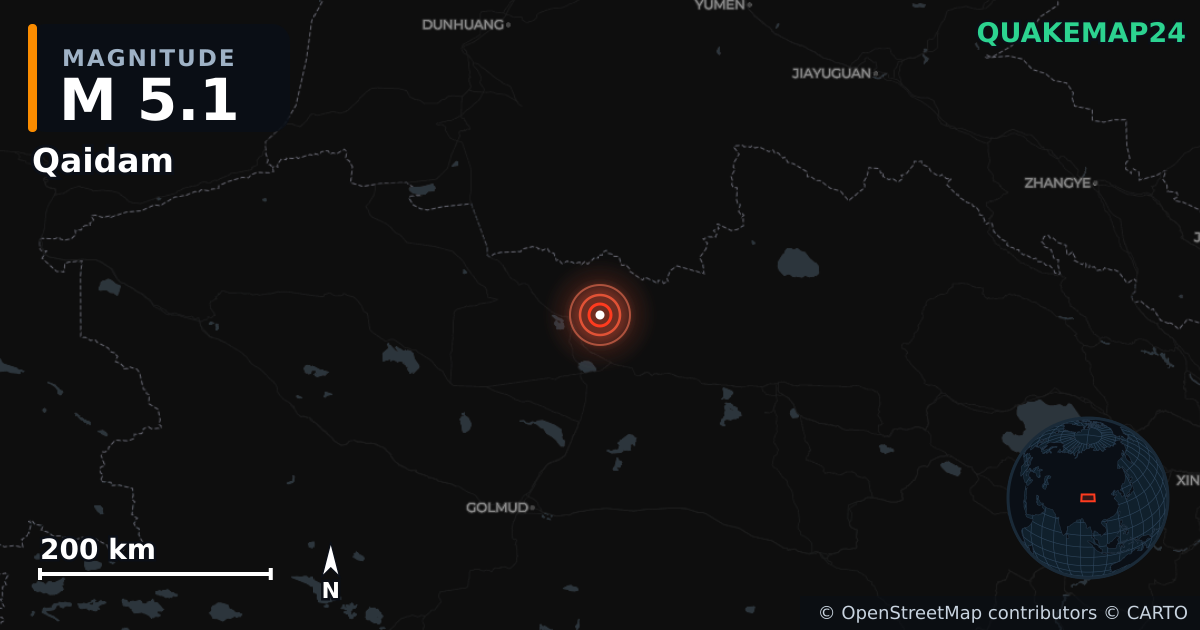 Erdbeben M5,1 bei Qaidam, Qinghai (China) · 2026-10-20 — Karte der Lage des Epizentrums