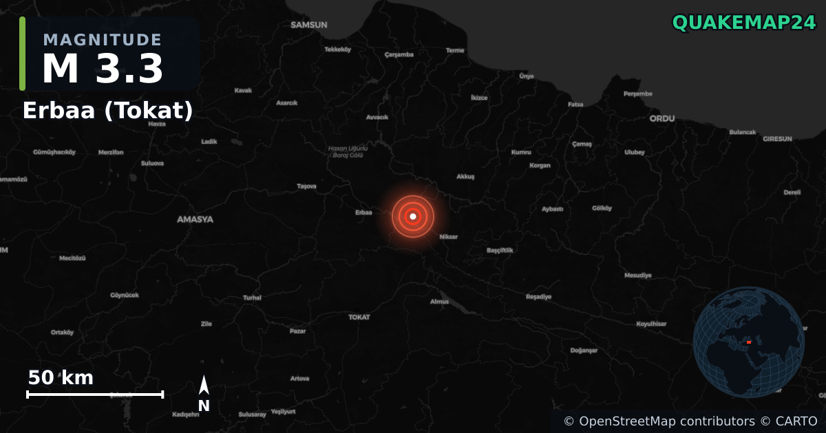 Erbaa (Tokat) yakınında M3,3 deprem · 2026-03-13 — Deprem merkez üssünün konumunu gösteren harita