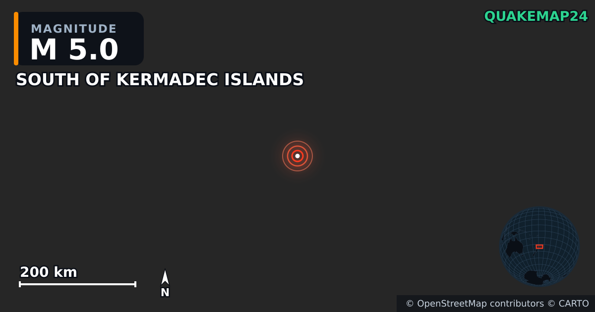 M5.0 earthquake near SOUTH OF KERMADEC ISLANDS on Mar 11, 2026 — map of epicenter and shaking intensity | QuakeMap24