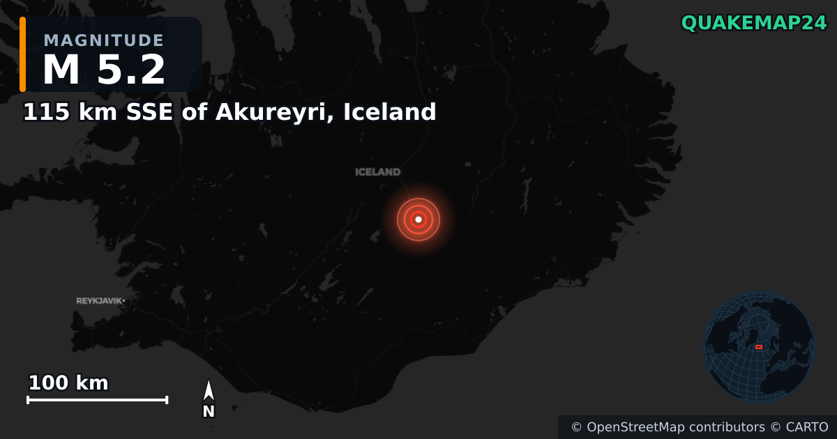 M5.2 earthquake near 115 km SSE of Akureyri, Iceland on Jan 14, 2025 — map of epicenter and shaking intensity | QuakeMap24
