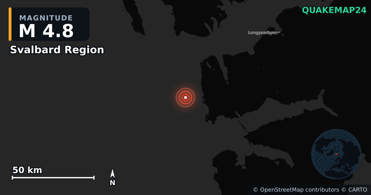 M4.8 earthquake near Svalbard Region on May 22, 2025 — map of epicenter and shaking intensity | QuakeMap24