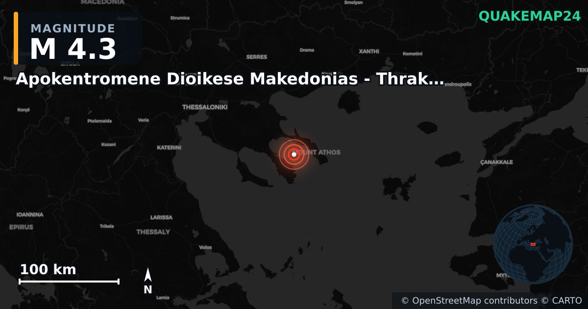 M4.3 earthquake near Apokentromene Dioikese Makedonias - Thrakes on May 1, 2025 — map of epicenter and shaking intensity | QuakeMap24