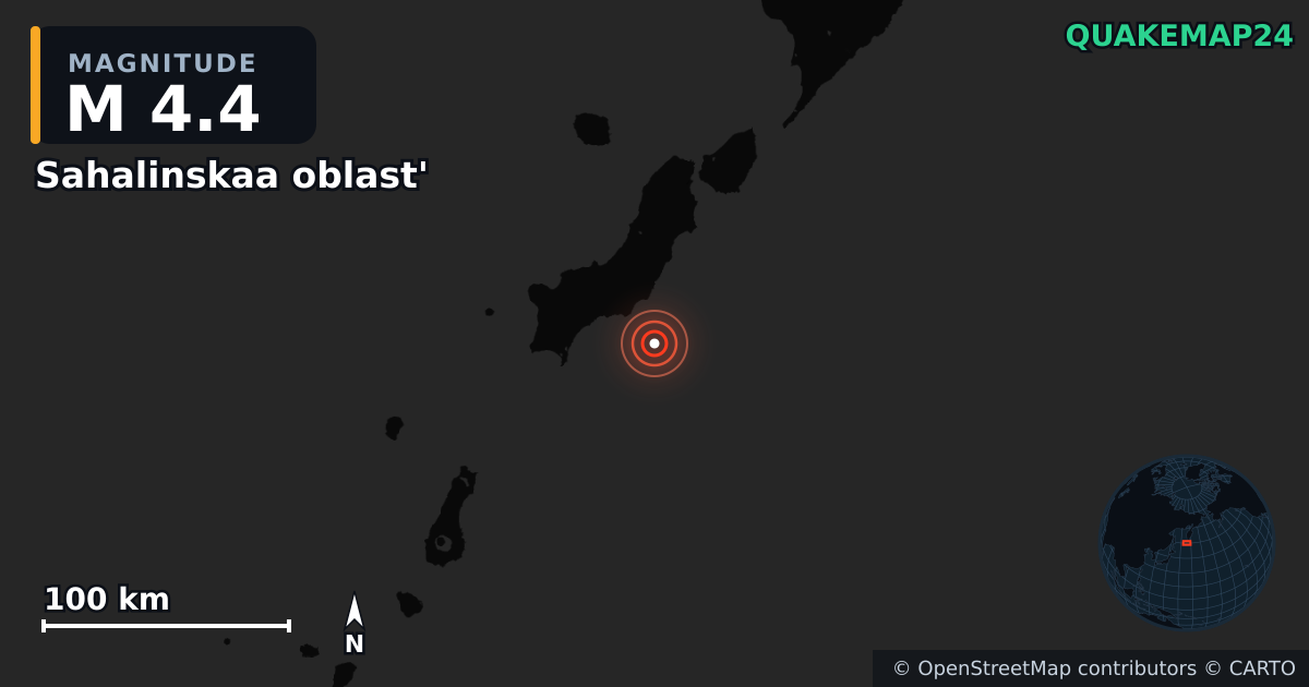 M4.4 earthquake near Sahalinskaa oblast' on Sep 2, 2025 — map of epicenter and shaking intensity | QuakeMap24