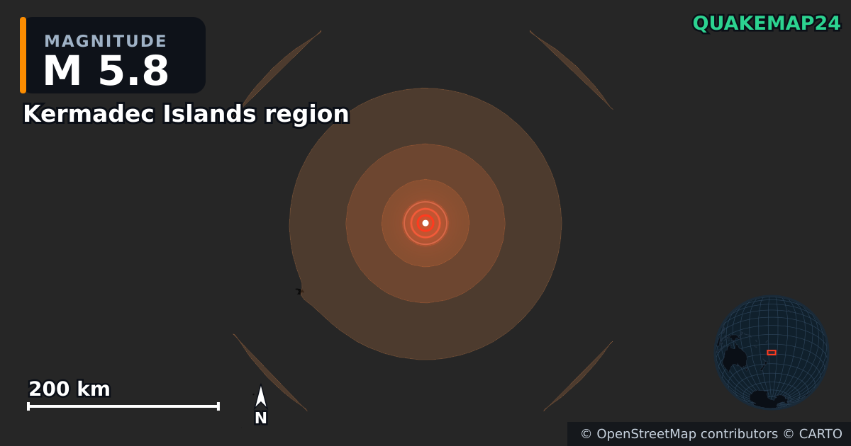 M5.8 earthquake near Kermadec Islands region on Jul 30, 2026 — map of epicenter and shaking intensity | QuakeMap24