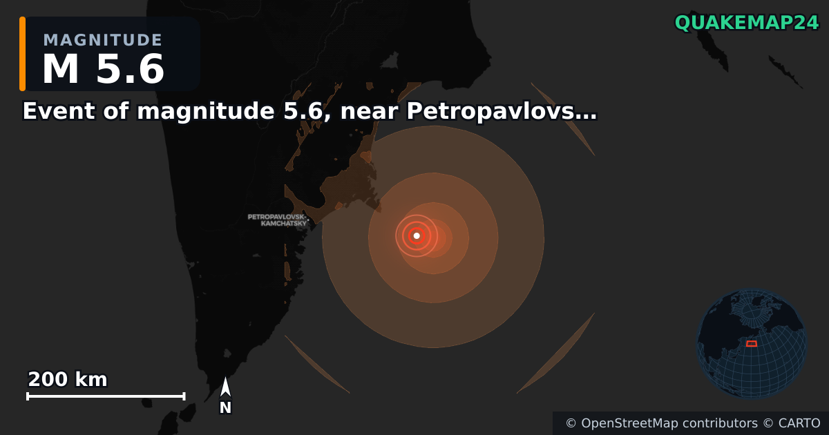 M5.6 earthquake near Event of magnitude 5.6, near Petropavlovsk Kamchatskiy (Monde) on Jun 19, 2026 — map of epicenter and shaking intensity | QuakeMap24