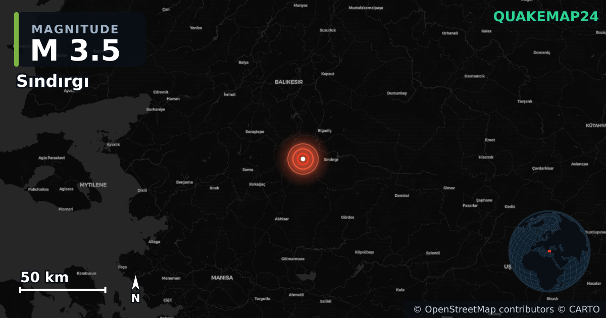 M3.5 earthquake near Sındırgı on Aug 11, 2025 — map of epicenter and shaking intensity | QuakeMap24