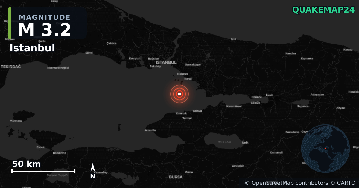 M3.2 earthquake near Istanbul on Aug 19, 2026 — map of epicenter and shaking intensity | QuakeMap24