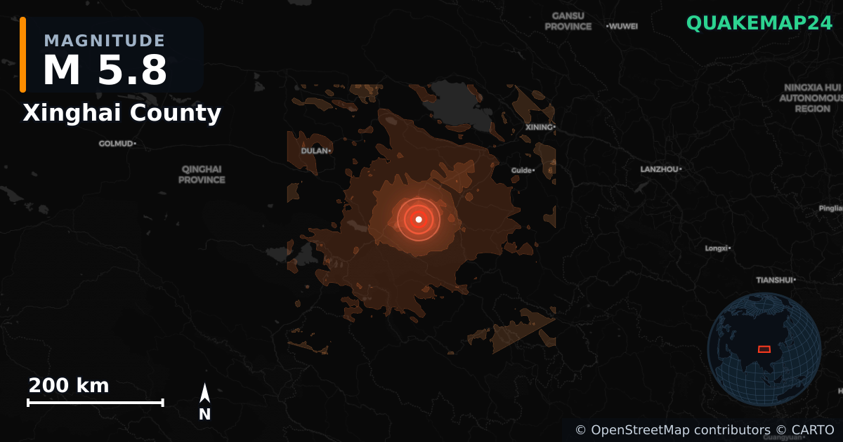 M5.8 earthquake near Xinghai County on Jul 28, 2026 — map of epicenter and shaking intensity | QuakeMap24