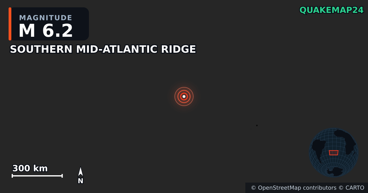 M6.2 Earthquake near SOUTHERN MID-ATLANTIC RIDGE · 2025-06-25 — Map showing the location of the epicenter