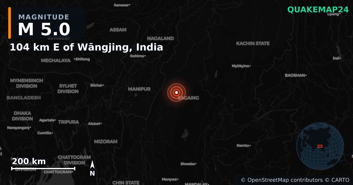 M5.0 earthquake near 104 km E of Wāngjing, India on Jan 23, 2025 — map of epicenter and shaking intensity | QuakeMap24