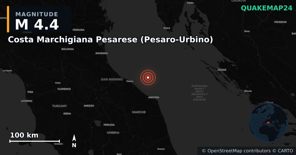 M4.4 earthquake near Costa Marchigiana Pesarese (Pesaro-Urbino) on Oct 6, 2025 — map of epicenter and shaking intensity | QuakeMap24