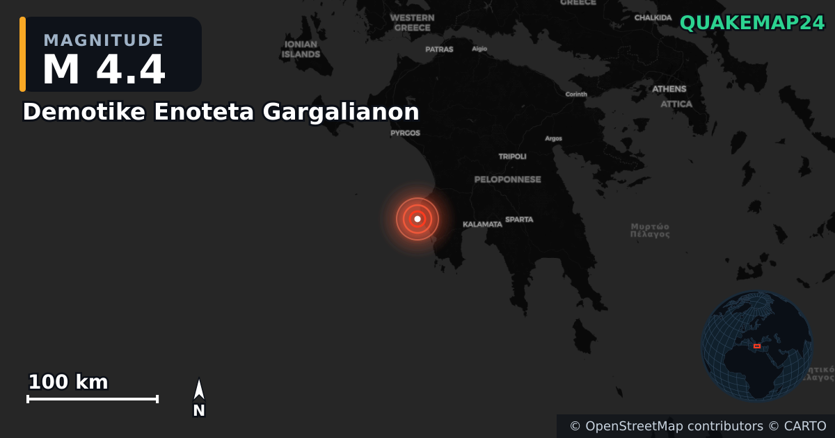 M4.4 earthquake near Demotike Enoteta Gargalianon on Feb 19, 2026 — map of epicenter and shaking intensity | QuakeMap24