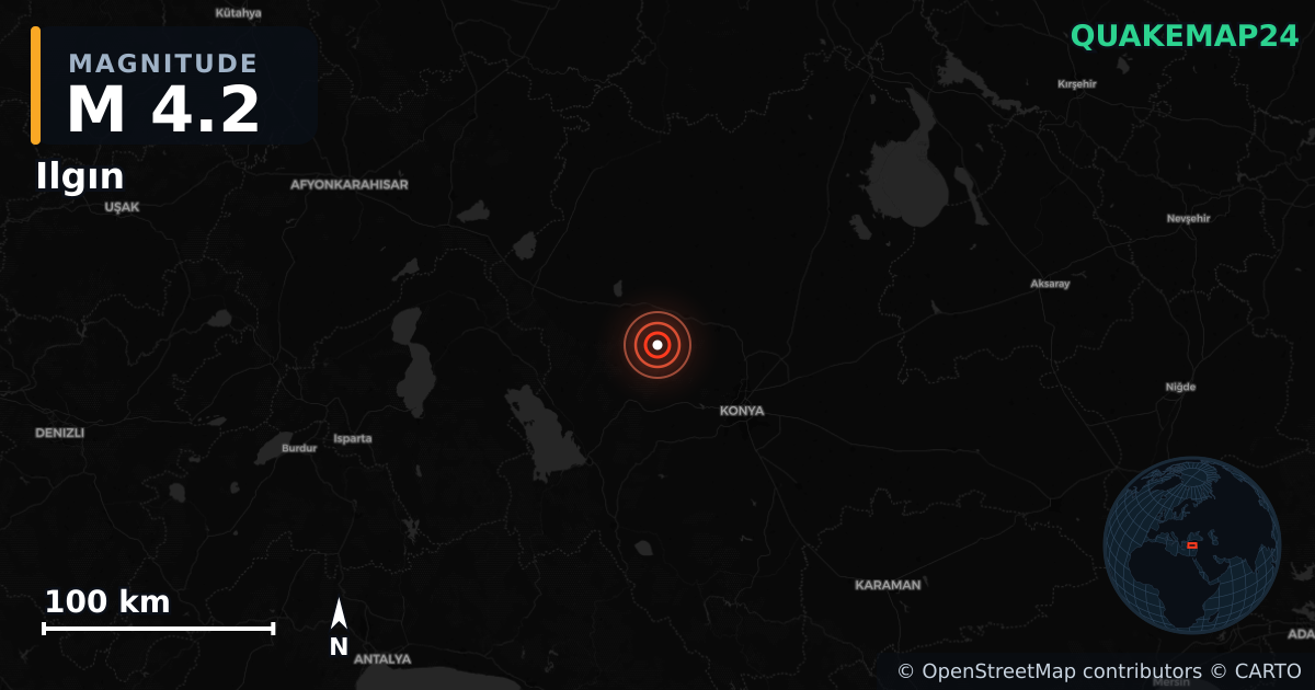 M4.2 earthquake near Ilgın on Jul 30, 2025 — map of epicenter and shaking intensity | QuakeMap24