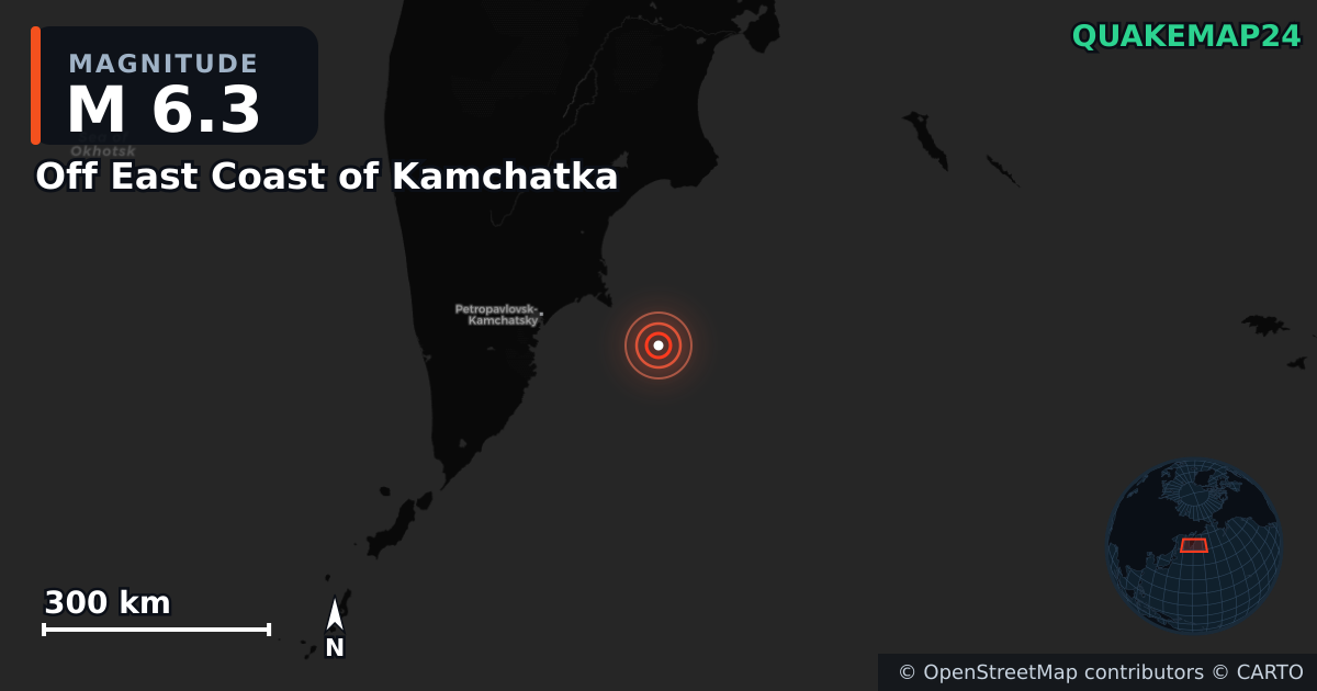 M6.3 earthquake near Off East Coast of Kamchatka on Jul 20, 2025 — map of epicenter and shaking intensity | QuakeMap24