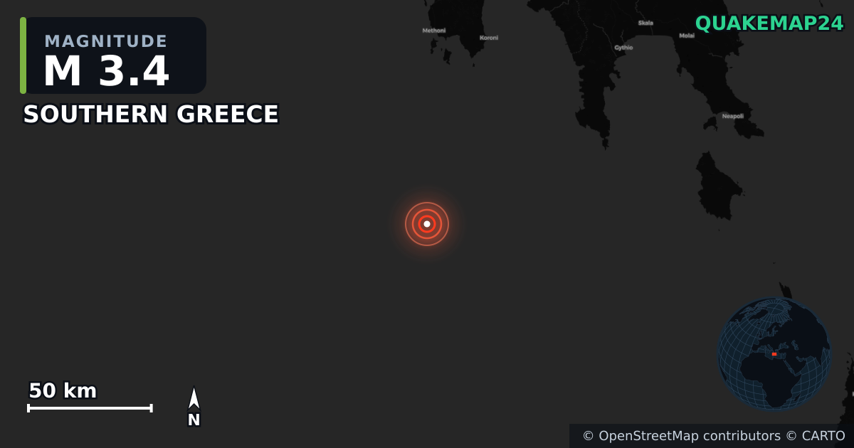 M3.4 earthquake near SOUTHERN GREECE on Jun 19, 2026 — map of epicenter and shaking intensity | QuakeMap24
