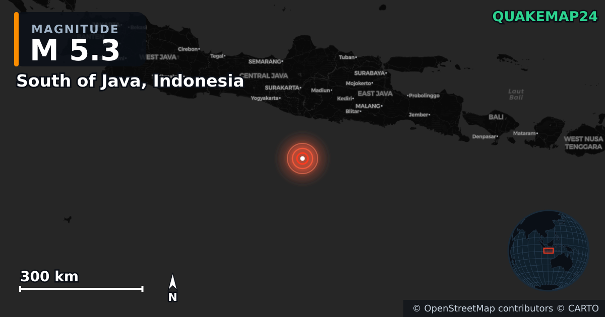 M5.3 Earthquake near South of Java, Indonesia · 2026-06-27 — Map showing the location of the epicenter