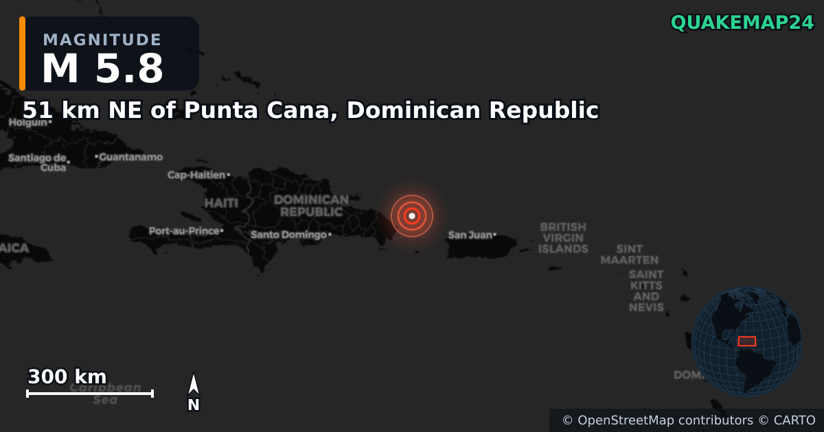 M5.8 earthquake near 51 km NE of Punta Cana, Dominican Republic on Jun 24, 2025 — map of epicenter and shaking intensity | QuakeMap24